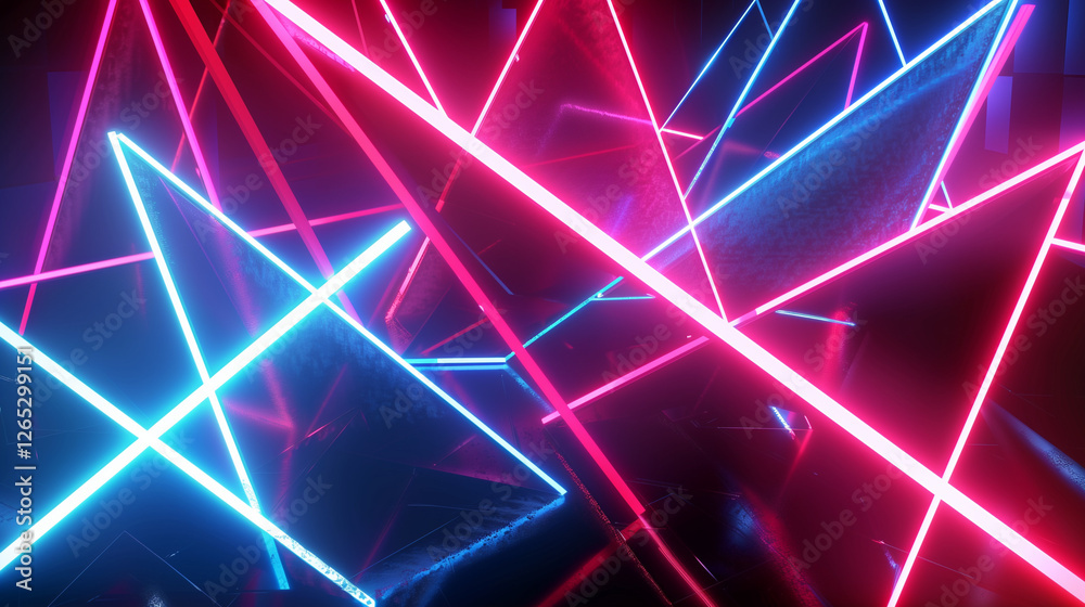 Abstract Neon Background with Glowing Blue, Red, and Pink Triangles Forming Dynamic Geometric Shapes. Modern Wallpaper Design with Ultraviolet Lighting and Laser Effects, Creating an Ultra-Realistic N Abstract Neon Background with Glowing Blue, Red, and Pink Triangles Forming Dynamic Geometric Shapes. Modern Wallpaper Design with Ultraviolet Lighting and Laser Effects, Creating an Ultra-Realistic N