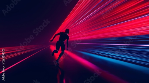 High-speed soccer breakaway run down the field under neon lights dynamic action scene futuristic environment intense perspective