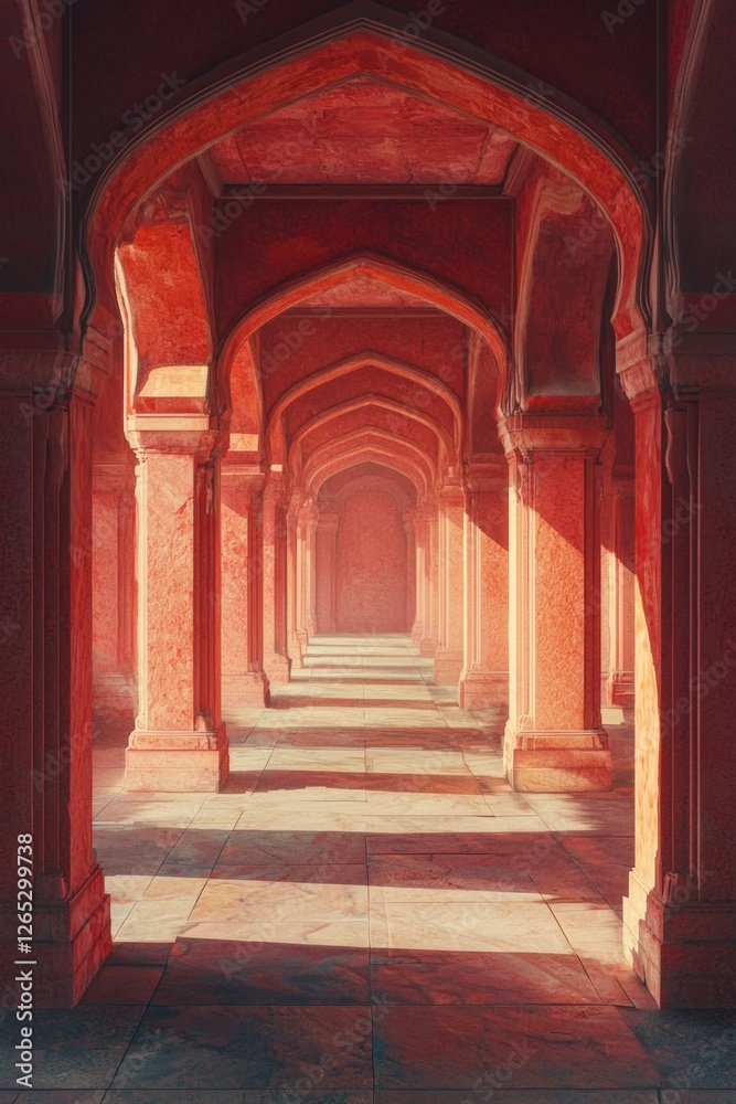 Fototapeta premium An empty red fort, bathed in sunlight streaming through arches and pillars. 