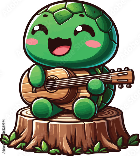 Joyful Turtle Strumming Guitar – Adorable Cartoon Music Illustration for Posters and T-Shirts.