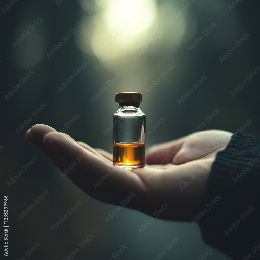 Glass vial of amber liquid held in hand against a dark forest background during twilight Glass vial of amber liquid held in hand against a dark forest background during twilight