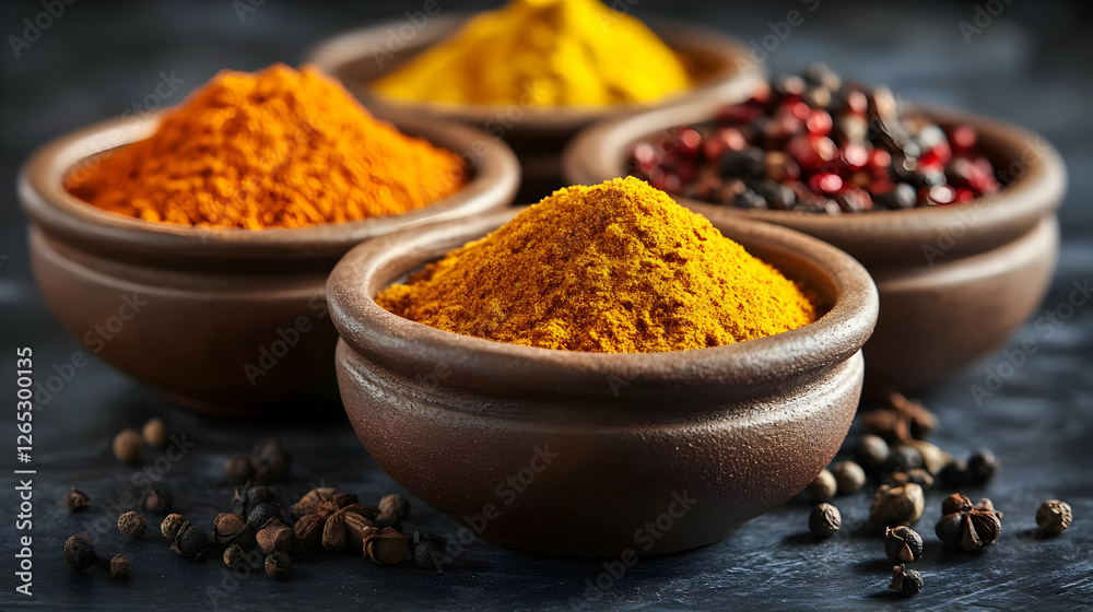 Colorful Spices In Brown Bowls On Dark Background Colorful Spices In Brown Bowls On Dark Background
