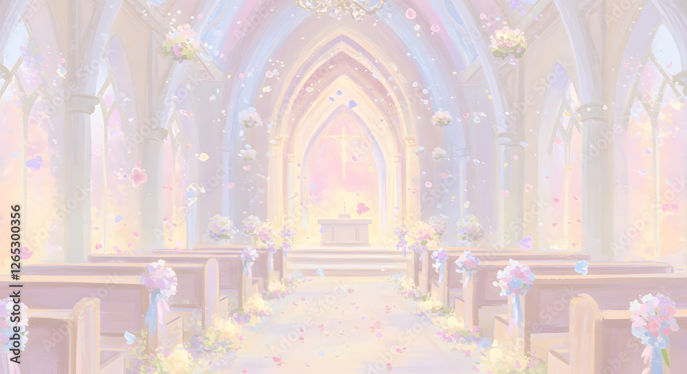 Obraz premium Elegant Church Interior with Floral Decorations and Soft Pastel Lighting