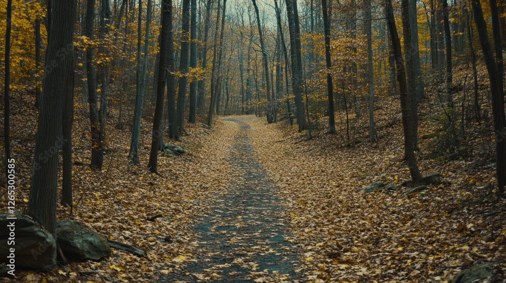 Obraz premium Autumn path winding through misty forest