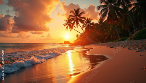 Tropical beach at sunset with palm trees