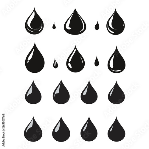 Black and White Water Drop Icons Set, Minimalist Vector Design for Environment, Rain, and Liquid Symbols