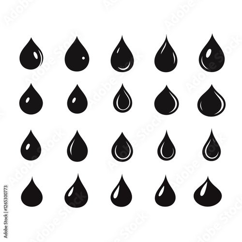 Black and White Water Drop Icons Set, Minimalist Vector Design for Environment, Rain, and Liquid Symbols