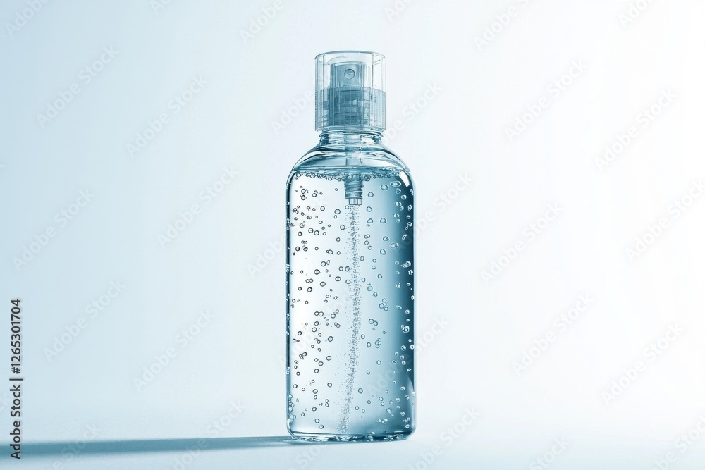 Clear spray bottle with transparent liquid and water droplets on white background, cosmetic, cleaning. Clear spray bottle with transparent liquid and water droplets on white background, cosmetic, cleaning.