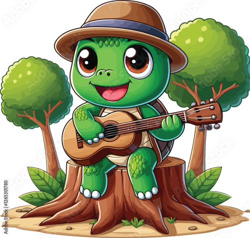 Funny Turtle with Guitar – Playful Cartoon Vector Art for Stickers, Branding, and Kids' Projects.