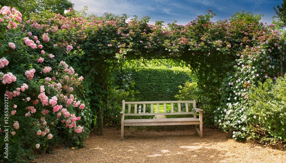 a picturesque english garden with ivy covered walls climbing roses and a quaint garden bench beneath a flowering arbor a picturesque english garden with ivy covered walls climbing roses and a quaint garden bench beneath a flowering arbor