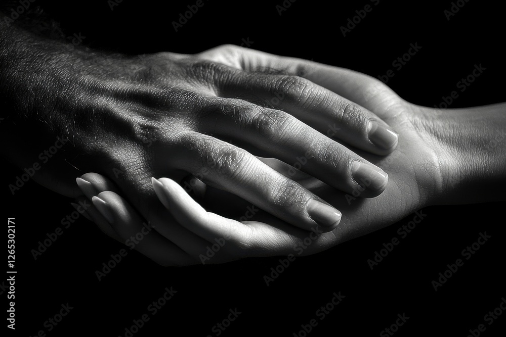 Fototapeta premium Monochrome image of hands gently touching, symbol of love and connection in black and white.
