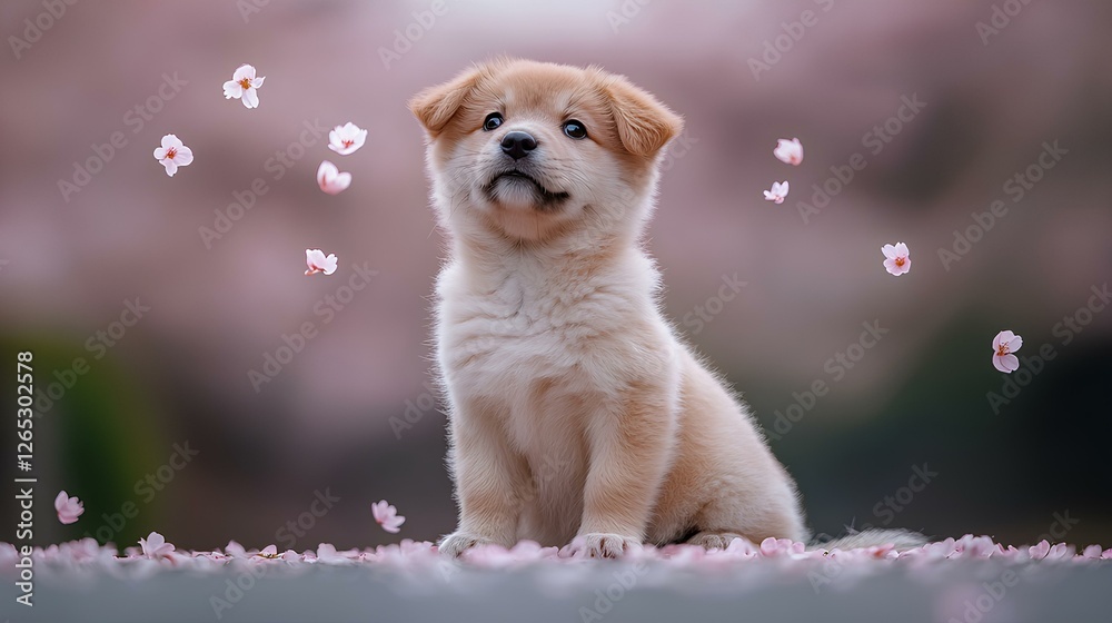 A fluffy puppy sits gracefully amidst falling cherry blossom petals in a tranquil park. The vibrant pink flowers create a beautiful atmosphere, celebrating spring. A fluffy puppy sits gracefully amidst falling cherry blossom petals in a tranquil park. The vibrant pink flowers create a beautiful atmosphere, celebrating spring.