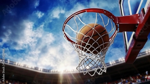 Perfect Swish as Basketball Enters Net Under Bright Sky During Evening Game photo