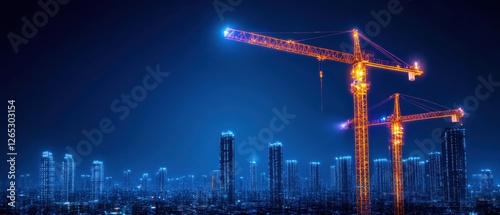 Nighttime construction site with illuminated cranes and city skyline