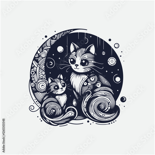 A decorative cat silhouette filled with intricate line art floral patterns. Pet Doodle Face Drawing. thematic cat face line art. space cat concept.