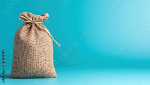 Rustic burlap bag on blue background for sustainable packaging and eco-friendly concepts
