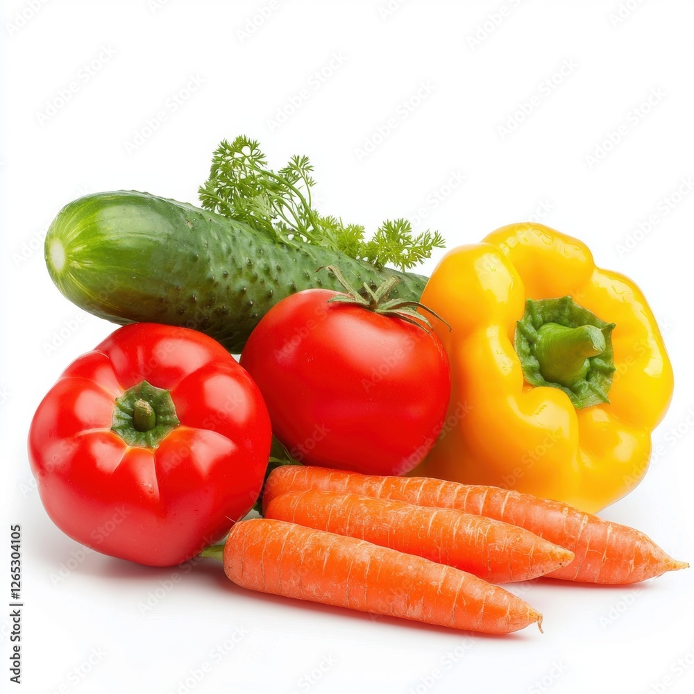 Fresh mixed vegetables arrangement with tomatoes, cucumbers, bell peppers, and carrots Fresh mixed vegetables arrangement with tomatoes, cucumbers, bell peppers, and carrots