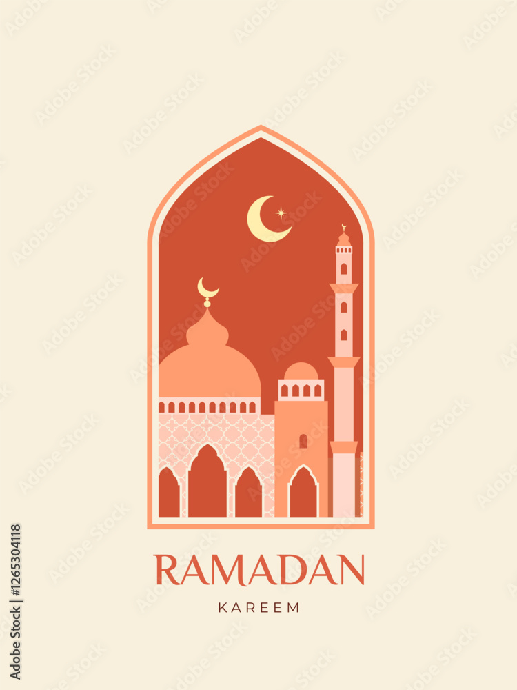 Oriental Islamic windows and arch for Ramadan Kareem and Eid Mubarak. Design template in flat style for greeting banner, card, advertising, sale, web, poster. Vector illustration Oriental Islamic windows and arch for Ramadan Kareem and Eid Mubarak. Design template in flat style for greeting banner, card, advertising, sale, web, poster. Vector illustration