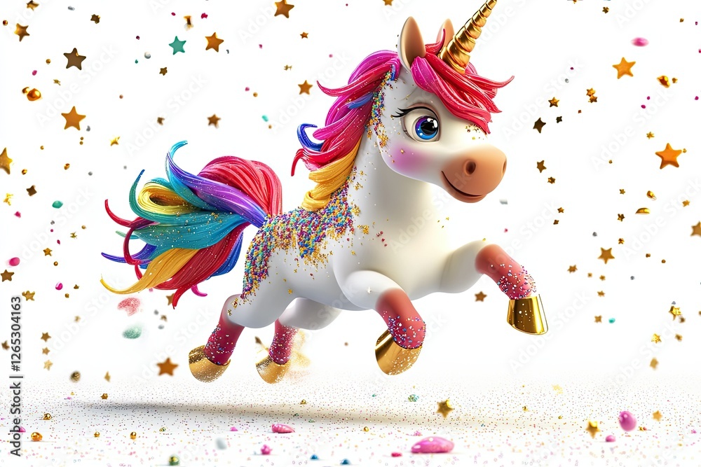 Fototapeta premium A whimsical unicorn and rainbow drawing, isolated on a white background