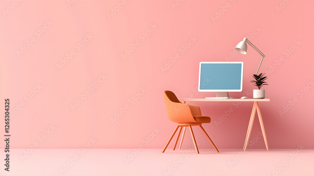 Fototapeta premium modern workspace featuring sleek desk, computer, and stylish chair against pink wall. setup exudes minimalist and inviting atmosphere, perfect for productivity
