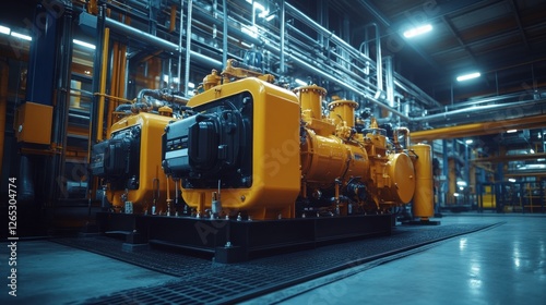 Industrial machinery: modern yellow compressors in an advanced manufacturing facility