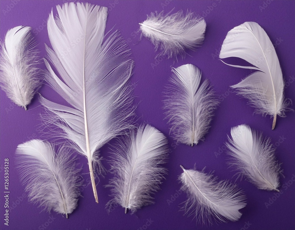 Obraz premium photograph of white feathers on a purple background in a flat lay style