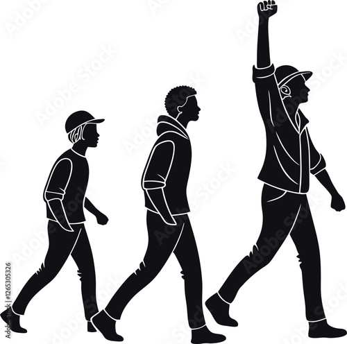 Minimalistic Black Silhouette of a Group of People in a Protest March, Raising Their Fists in Unity, Representing Strength, Activism, and Social Justice in a Bold and Striking Vector Illustration