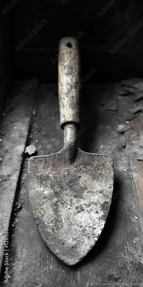 Weathered trowel rests on dark wood surface. Weathered trowel rests on dark wood surface.
