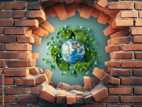 Nachhaltig, Nachhaltigkeit, Nachhaltig bauen, Symbol hinter Ziegelmauer