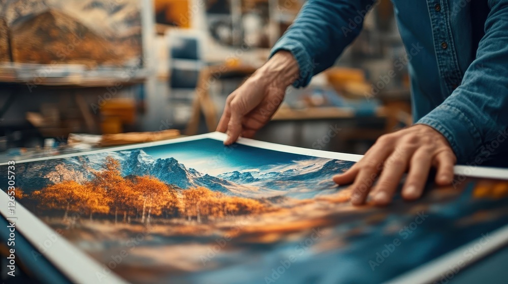 Obraz premium Large format, close-up of a large printed landscape photograph being handled in a studio