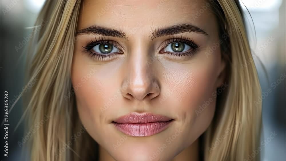 A close-up portrait of a person with long blonde hair and striking green eyes, exhibiting a neutral expression.