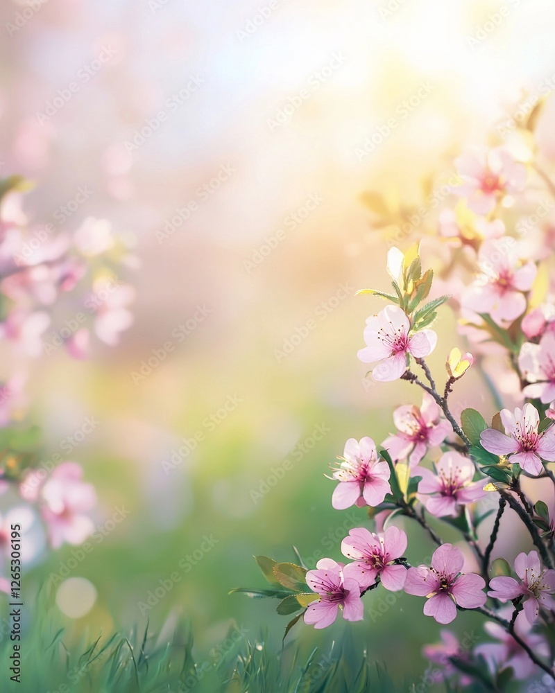 Beautiful spring background with blooming cherry blossoms, a blurred green meadow, and sunlight in the morning. Pastel pink flowers on branches create a blurred bokeh effect with a soft focus Beautiful spring background with blooming cherry blossoms, a blurred green meadow, and sunlight in the morning. Pastel pink flowers on branches create a blurred bokeh effect with a soft focus