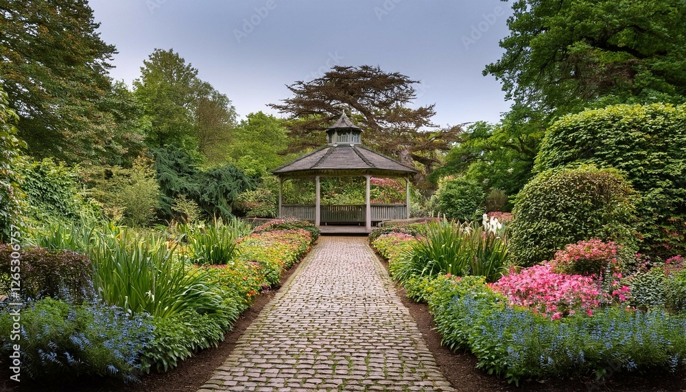 a serene english garden with a charming gazebo lush greenery and a cobblestone path leading through vibrant flower beds a serene english garden with a charming gazebo lush greenery and a cobblestone path leading through vibrant flower beds
