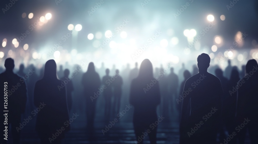 Fototapeta premium Crowd silhouetted at night, city lights blurred background, event