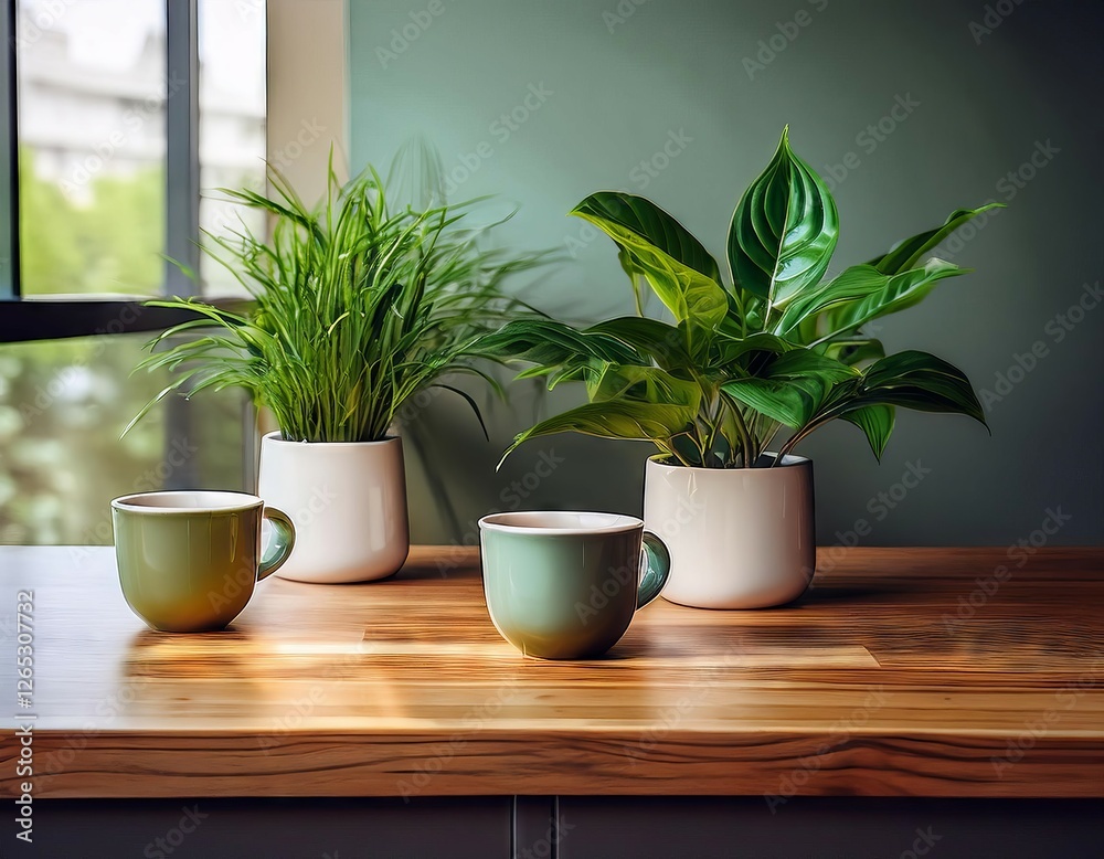 Obraz premium Two plants on an oak counter with tea cups, styled in an urban life theme, featuring lush green tones and a modern, relaxed vibe for a cozy, city-inspired setting.