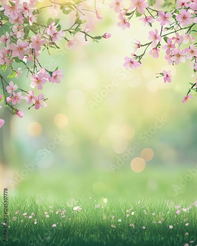 Beautiful spring background with blooming cherry blossoms, a blurred green meadow, and sunlight in the morning. Pastel pink flowers on branches create a blurred bokeh effect with a soft focus