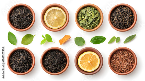top down view of various herbal teas in small bowls, featuring black tea, green tea, lemon slices, and fresh herbs, creating vibrant and inviting display