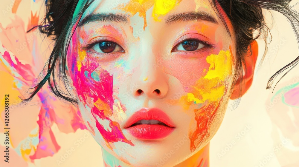 Fototapeta premium Colorful paint, woman's face, art, studio, vibrant background