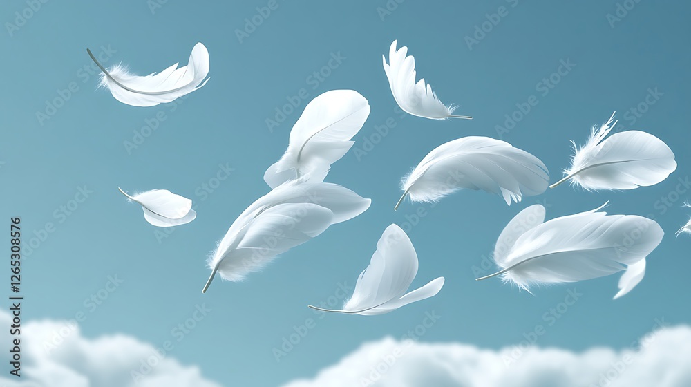 White Feathers Floating Gently in a Blue Sky White Feathers Floating Gently in a Blue Sky