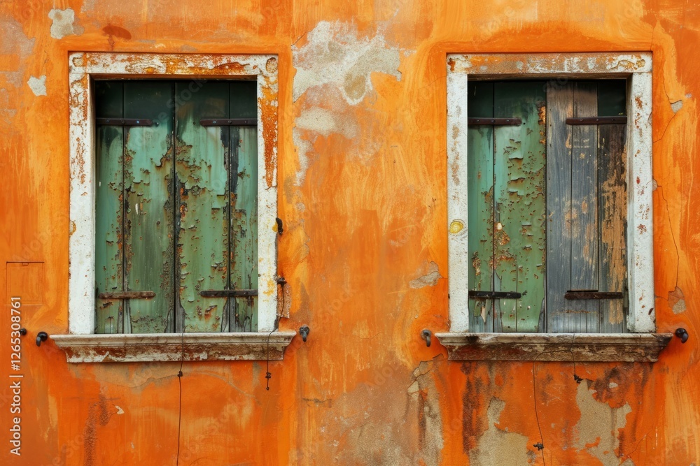 Photo of Orange concrete wall with two old wooden windows in european city. Detailed image Photo of Orange concrete wall with two old wooden windows in european city. Detailed image