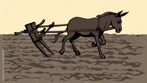 Vector drawing. Cute old mule