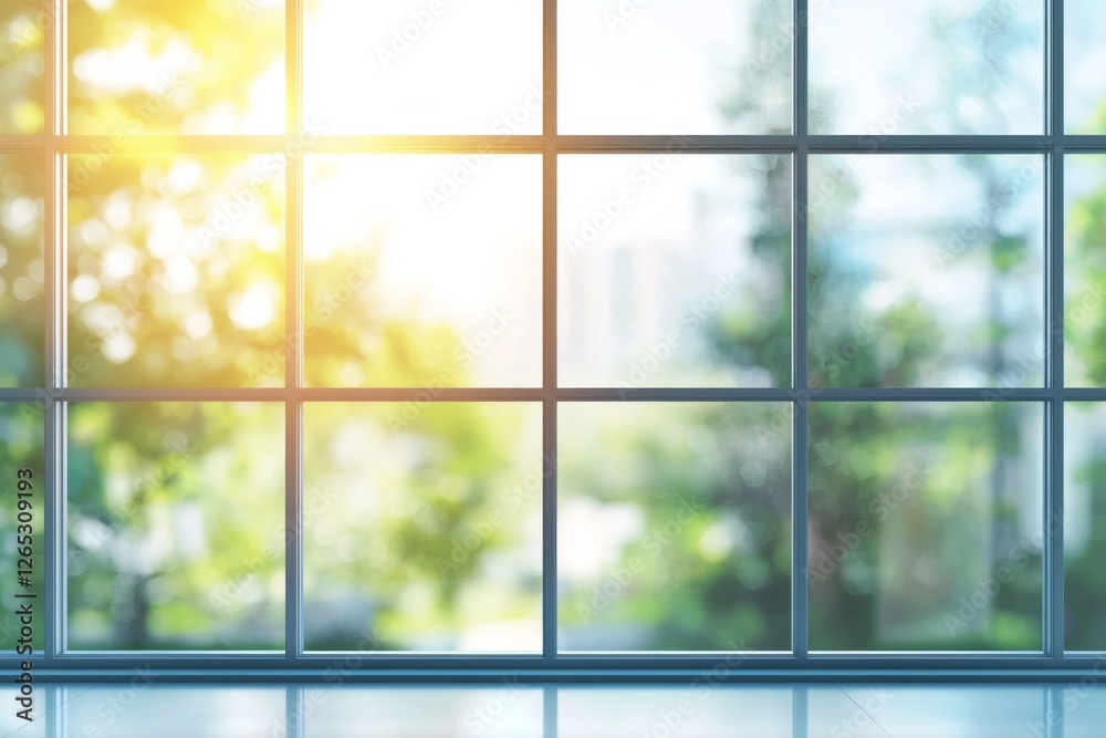 Naklejka premium Blurred glass window interior background with sunlight shining through the windows. Blurry office or business center scene with large panoramic windows and a view of the natural landscape outside.