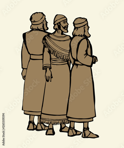 Vector drawing. People stand befor king