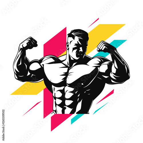 vector workout GYM - silhouette of stocky and muscular bodybuilder athlete. Gym bodybuilding concept. weight lifting and fitness