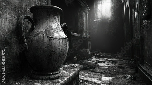 Ancient vase in decaying, sunlit hallway.
