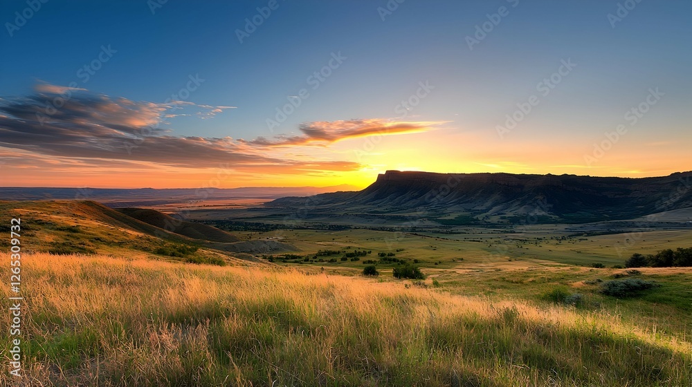 Obraz premium Sunset Over Grasslands and Mesa Plateau