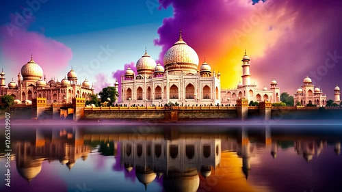 Serene view of an indian architectural marvel with stunning reflections in water during an enchanting sunset