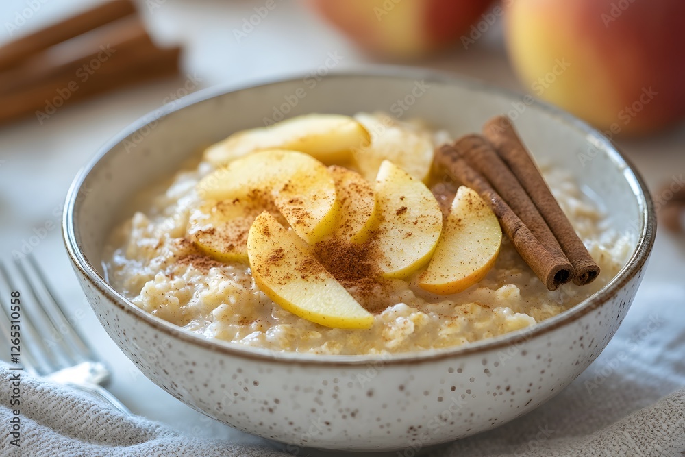 Bowl of oatmeal with cinnamon and apple slices for a healthy breakfast. Bowl of oatmeal with cinnamon and apple slices for a healthy breakfast.