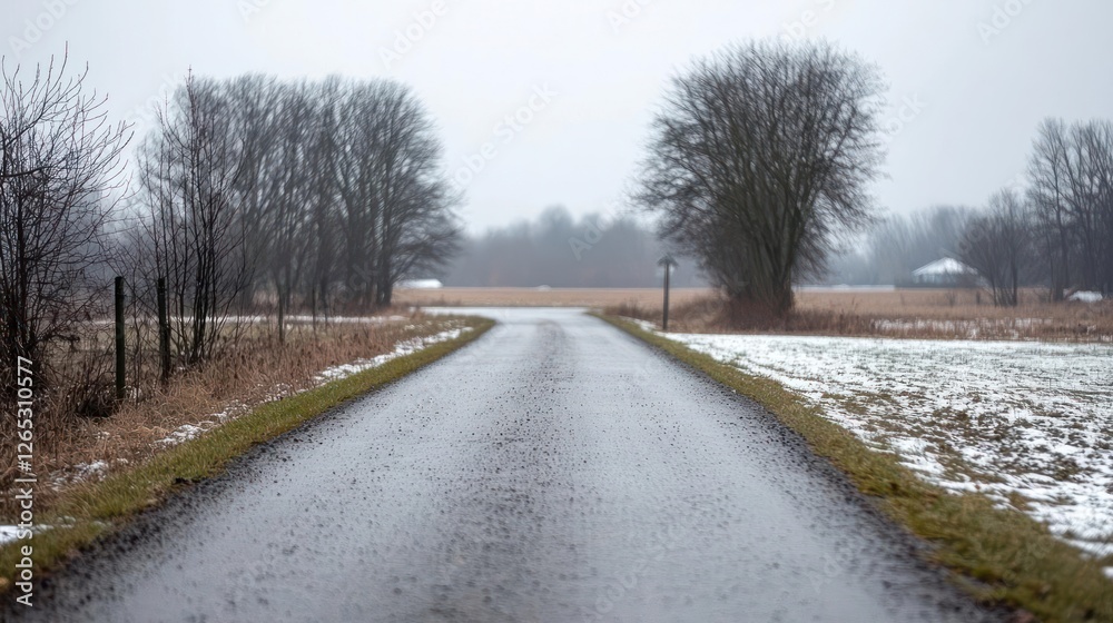 Fototapeta premium Empty Wet Winter Road Through Snowy Fields