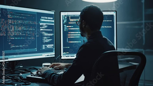A programmer with code-filled screens crashing and a System Error alert, wires tangled, a coffee spill on the keyboard, and a dark background, symbolizing tech disaster and professional crisis, hidi